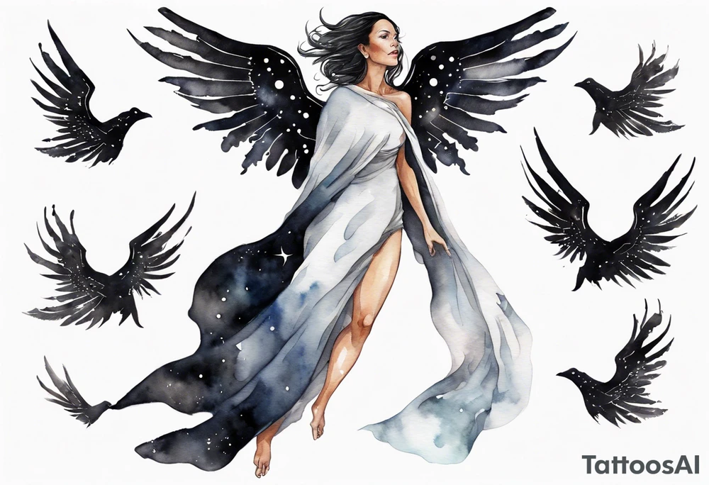a beautiful 45 year old woman flying in the night sky with black wings, wearing a black and white cloak, bare feet tattoo idea