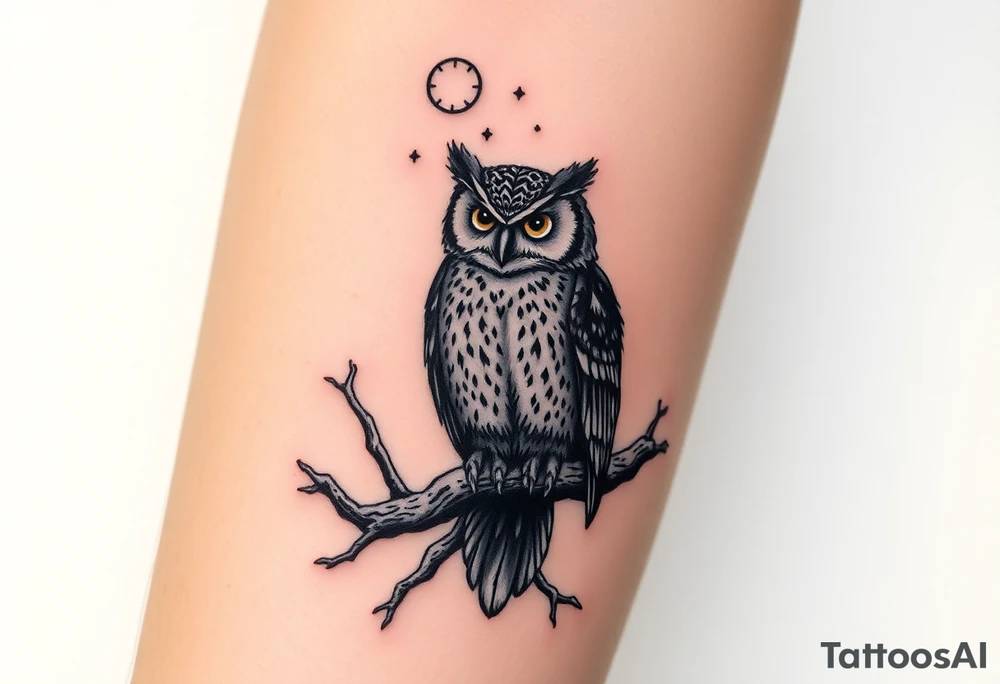 wise owl perched on ancient oak branch under starlit sky tattoo idea