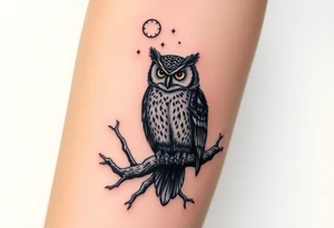 wise owl perched on ancient oak branch under starlit sky tattoo idea