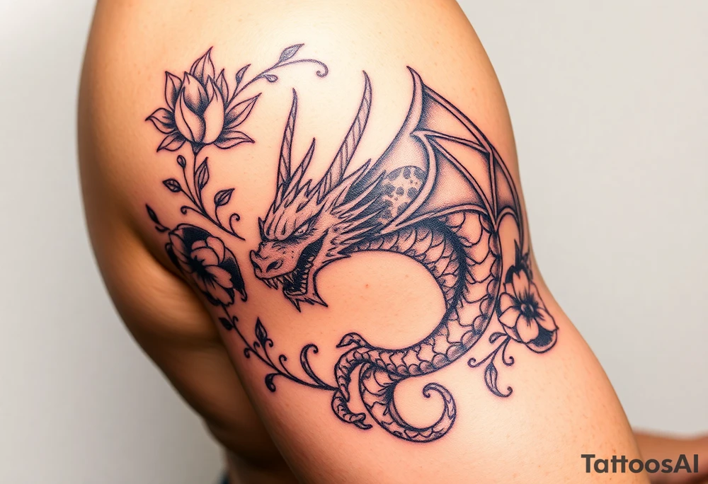 Scary dragon surrounded by ornaments tattoo idea