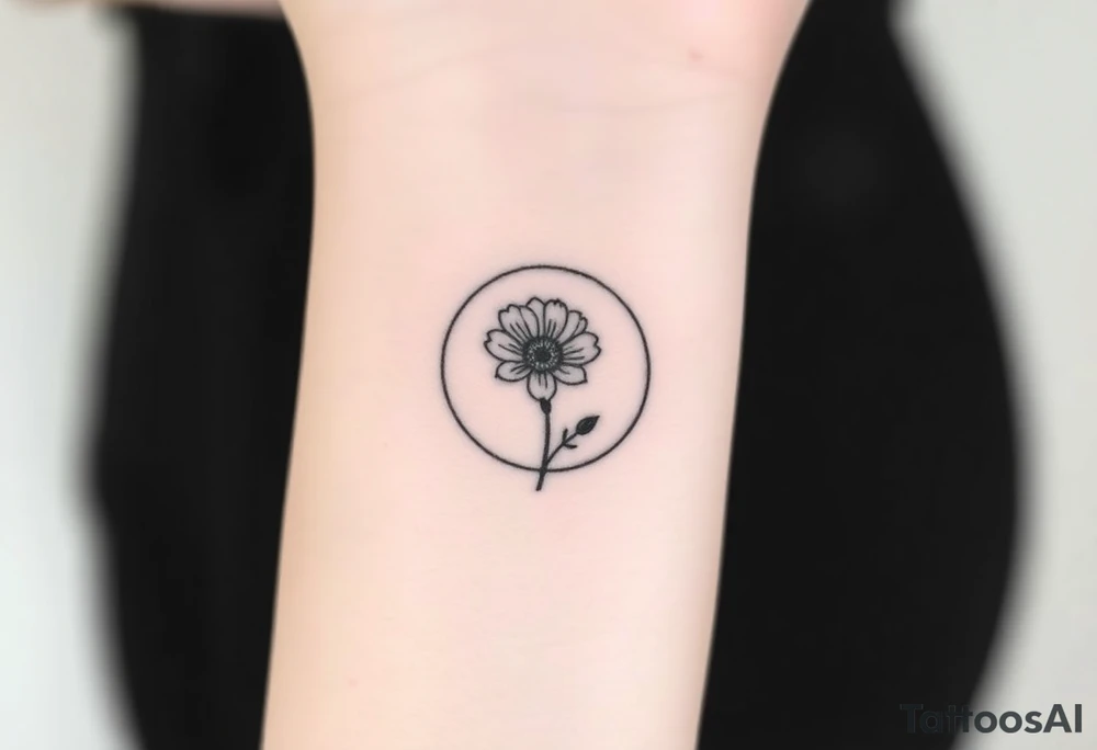 Small black and white tattoo full moon with small chrysanthemum birth flower AND tiny scorpio gliph inside moon tattoo idea