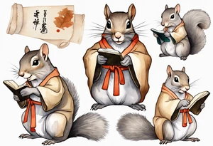 an elderly grey squirrel wearing a taupe  robe, writing on a scroll tattoo idea