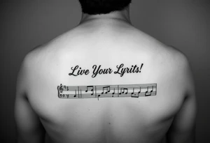 sheet music with the first 1 minute of Santana's song samba pa ti with the phrase "Live Your Lyrics" in fancy cursive between the top and bottom staves tattoo idea