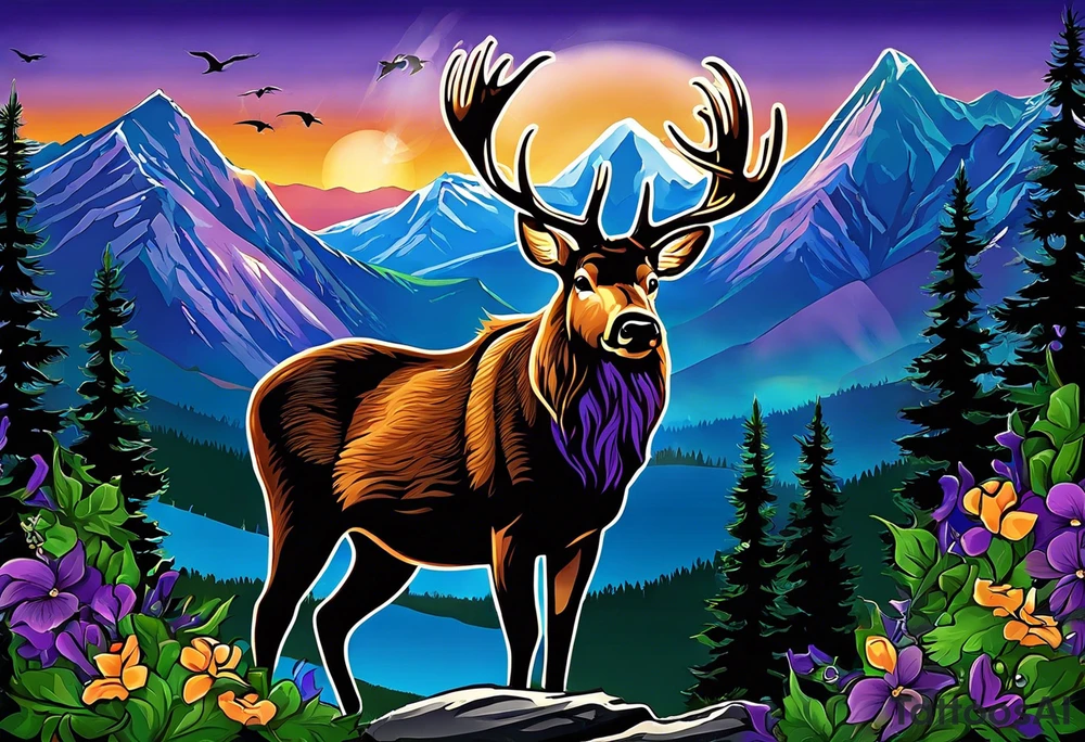 I'm trying to find a DESIGN for a tattoo to memorialize my late mom. 
Her name is Robin. She loved mountains, wildlife (mooses, birds etc) and dogs. Her favorite colors were kobalt blue, purple and green. She was very creative and had an eye for design. Favorite song was Rocky mountain high. She loved plants and flowers too. 
I'd like the design to  be black outline, a stand alone image with no background. 4×10 inches tattoo idea