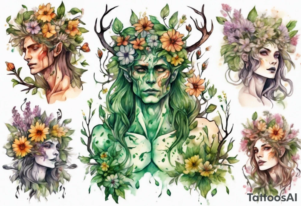 a male dryad covered in flowers tattoo idea
