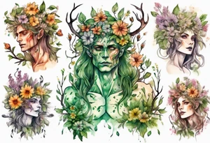 a male dryad covered in flowers tattoo idea