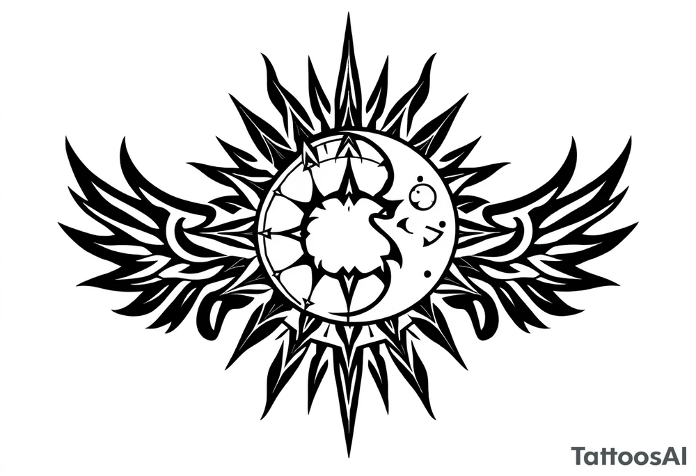 celestial sun and moon embrace with constellation patterns tattoo idea