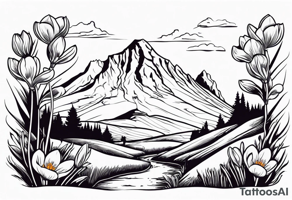 composition with mountain (Gran Sasso) with Crocus flowers, and an explorer trekking. Do not enter rivers and trees. Do it in color. The design style must be that of Old School Traditional Tattoo. tattoo idea
