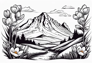 composition with mountain (Gran Sasso) with Crocus flowers, and an explorer trekking. Do not enter rivers and trees. Do it in color. The design style must be that of Old School Traditional Tattoo. tattoo idea