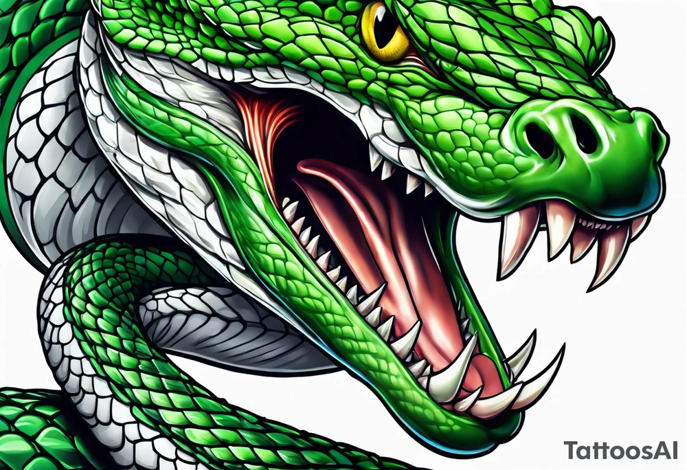 A green viper with mouth open showing fangs tattoo idea