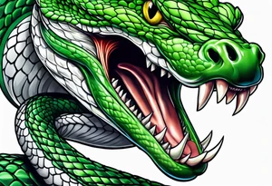 A green viper with mouth open showing fangs tattoo idea