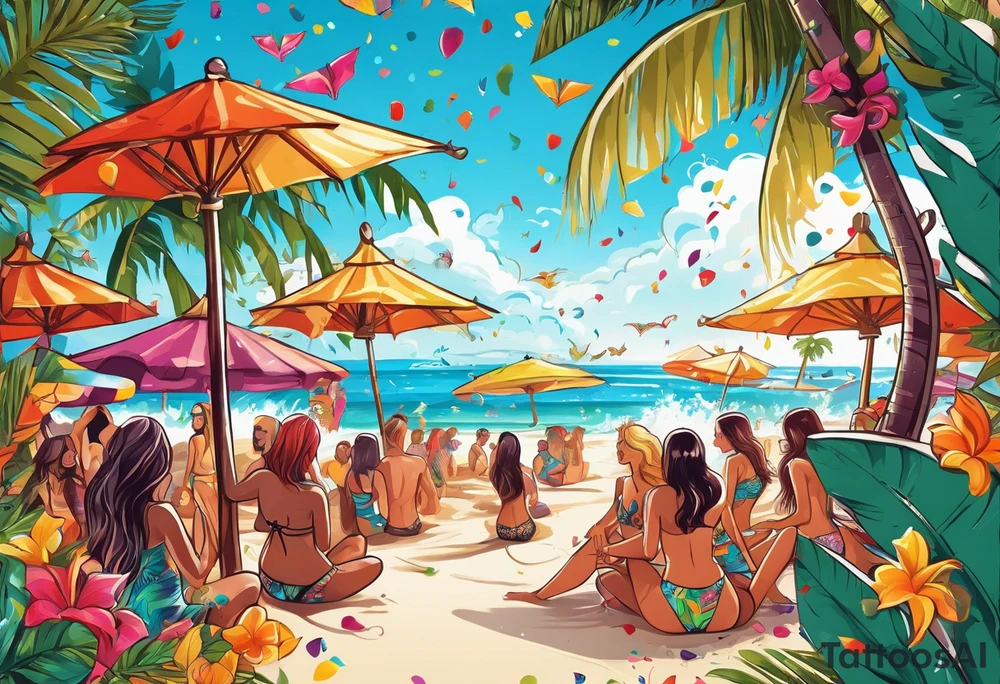 SURFING SAFARI BEACH DANCE 
PARTY WITH CONFETTI AND MUSIC NOTES, TROPICAL DRINKS, SEXY BIKINIS tattoo idea