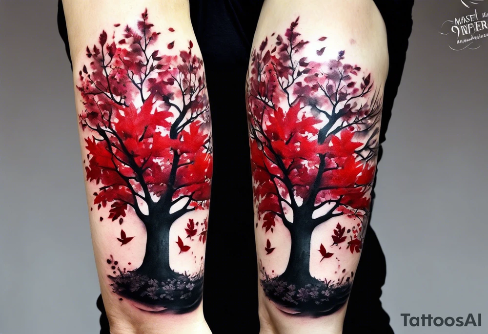 trash polka style. Arm tattoo. Long tattoo. large tattoo. Full sleeve. Shoulder. A single large maple tree with red autumn leaves that branches upwards from wrist to shoulder. White-throated dipper bird on the trees branches. Calluna flowers at the base of the trees stem. Tree stem has dark colors. Red/yellow sunset behind the trees stem. Leaves falling. tattoo idea