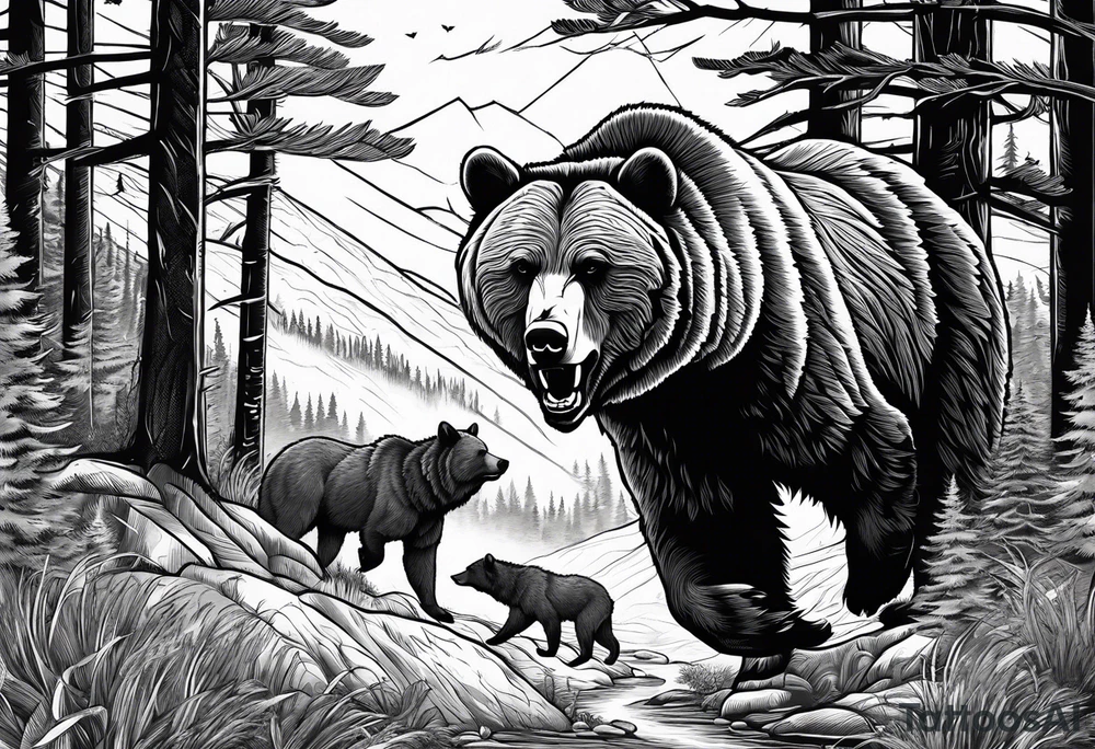 A grizzly bear scene hunting a wolf in the wild tattoo idea A grizzly bear scene hunting a wolf in the wild tattoo idea