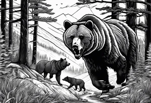 A grizzly bear scene hunting a wolf in the wild tattoo idea