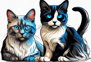 Two cats. One is medium length black and white fur, the other is a medium gray Siamese with blue eyes that are slightly crossed. tattoo idea