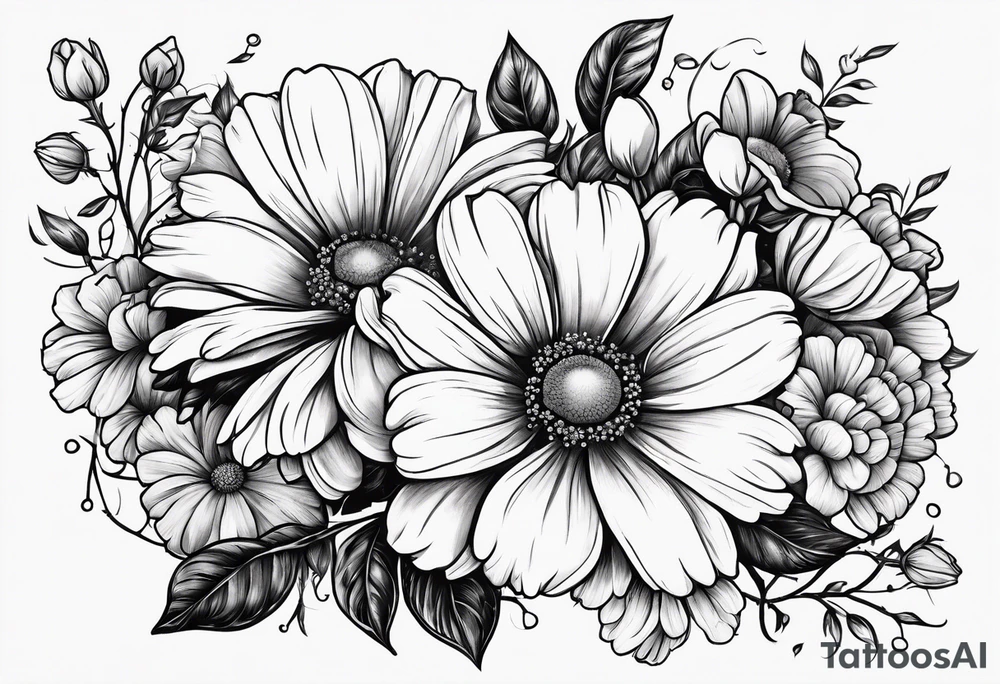 Roses, marigolds, cosmos, daisies, sweet peas tattoo idea
