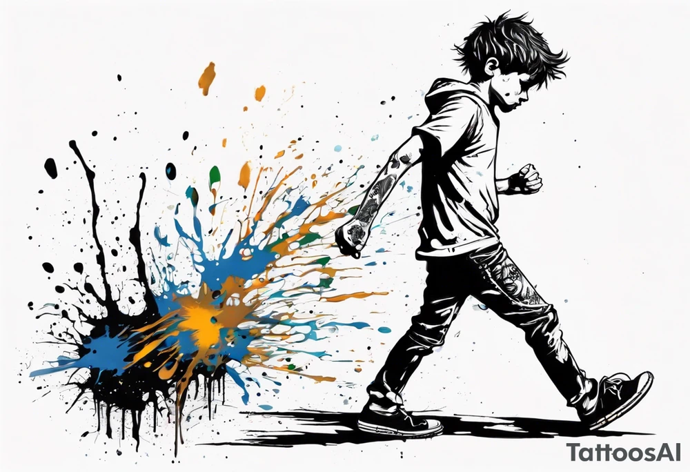 Paint splash drawing a lost boy walking alone tattoo idea