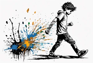 Paint splash drawing a lost boy walking alone tattoo idea