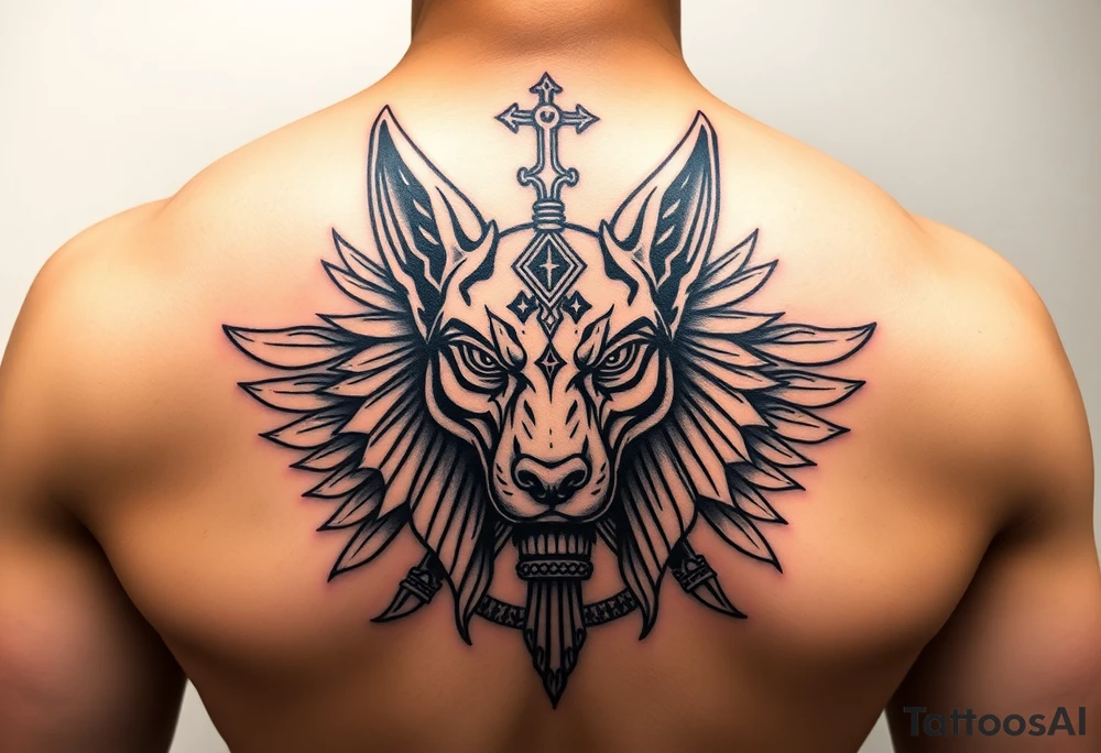 Egyptian Anubis god powerful face muscle in Egypt style dog face surrounded Egyptian symbols tattoo idea