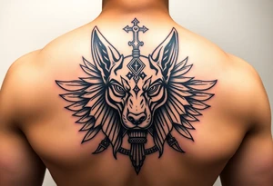 Egyptian Anubis god powerful face muscle in Egypt style dog face surrounded Egyptian symbols tattoo idea