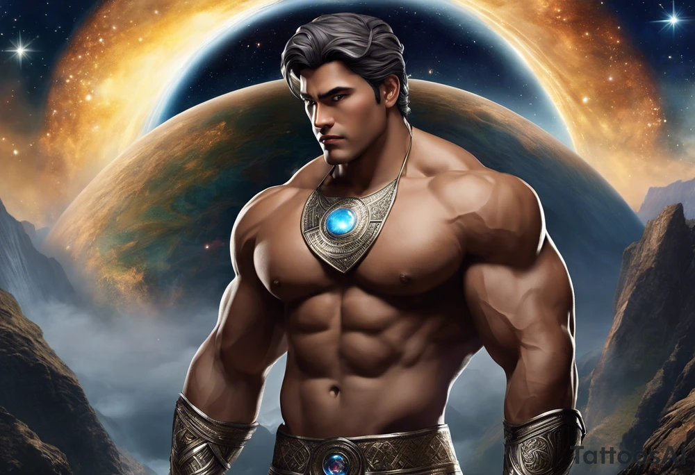 Jehovah looking out at the marvels of his creation from the atoms to the galaxy and celestial beings. With grey wash and a fantasy theme. Jehovah has to be a character who is so majestic, charismatic, immensely powerful. There isnt a single thing he isnt capable of doing. Infinitely powerful forward facing. Without the pagan styled attire and without the pagan symbols etceterashirtless, large muscular athletic physique, deep muscle definition tattoo idea