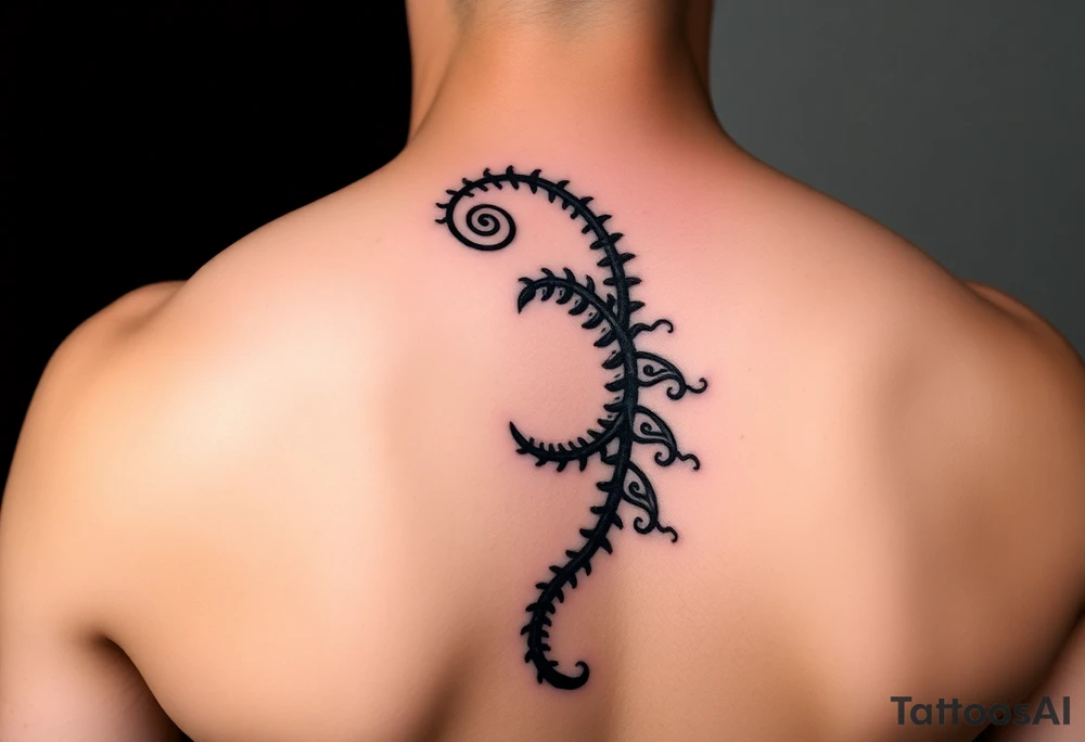 Spiral fern with tribal patterns, one side dark and tight (ego), the other open and light (soul), tattoo idea