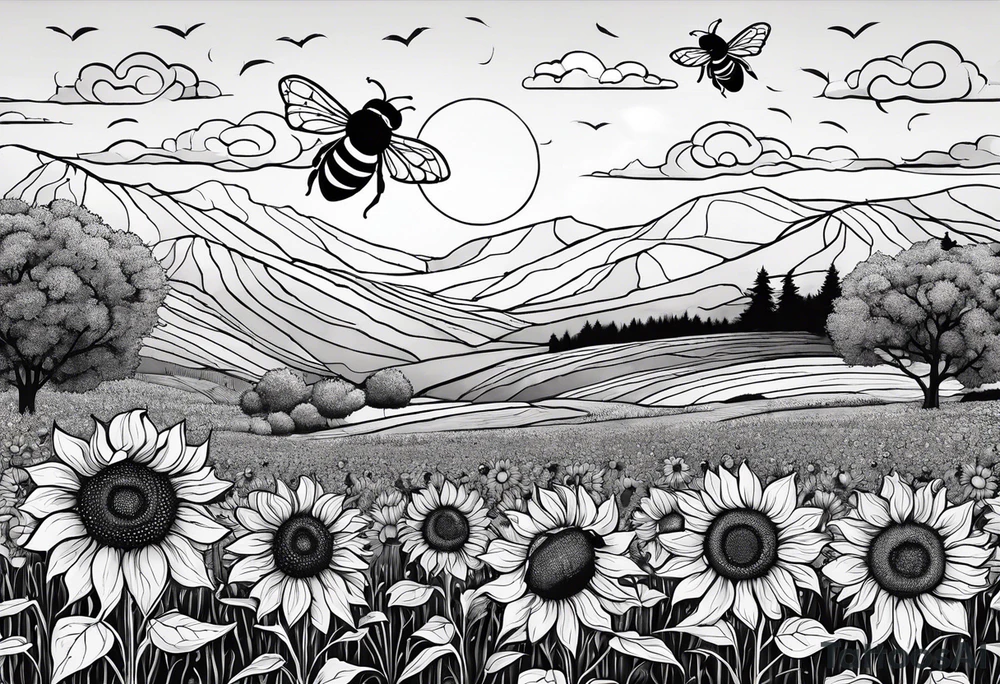dream like sunflower meadow with distant hills and sunset. two large fuzzy bumble bees occupy the sky with beautiful clouds tattoo idea dream like sunflower meadow with distant hills and sunset. two large fuzzy bumble bees occupy the sky with beautiful clouds tattoo idea