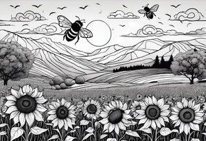 dream like sunflower meadow with distant hills and sunset. two large fuzzy bumble bees occupy the sky with beautiful clouds tattoo idea