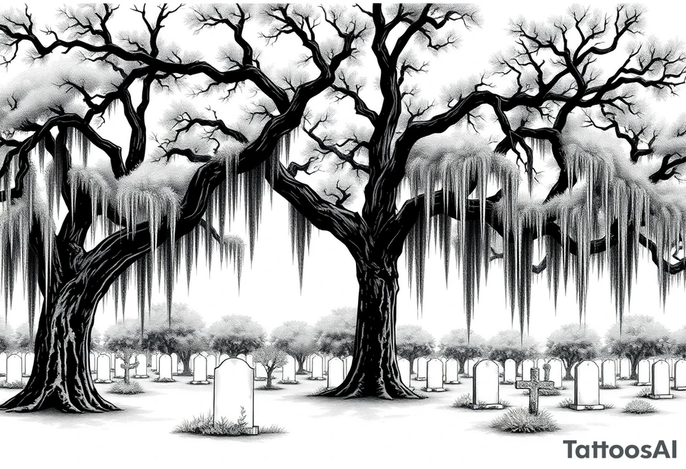 Oak trees with a lot of Spanish moss in a cemetery tattoo idea
