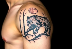 Black leopard in the woods with moon in sky tattoo idea