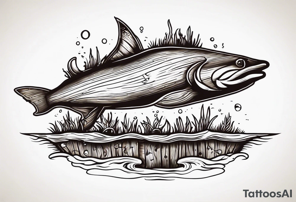 piece of driftwood underwater with duke written in the wood tattoo idea