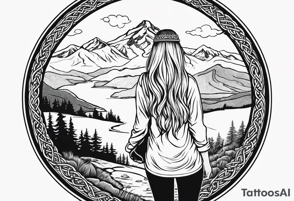 Whole picture encircled fully

Straight long blonde hair hippie girl in distance holding mushrooms in hand facing away toward mountains and creek surrounded by mushrooms long sleeve shirt and hiking pants; whole rendering within a full celtic circle border, no cut off circle tattoo idea
