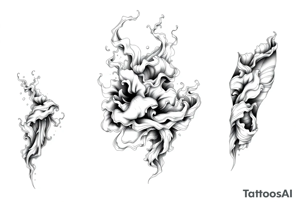 Tattoo sleeve filler using smoke, ash, and fragmented memory effects, organic flow wrapping around arm muscles, soft gradients, negative space, black and grey realism, seamless transitions between main tattoo elements. tattoo idea