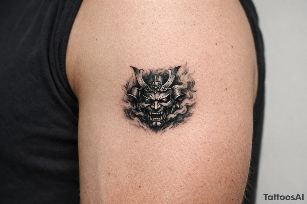 Samurai mask emerging from swirling smoke, black and grey, covering the shoulder. tattoo idea