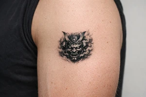 Samurai mask emerging from swirling smoke, black and grey, covering the shoulder. tattoo idea