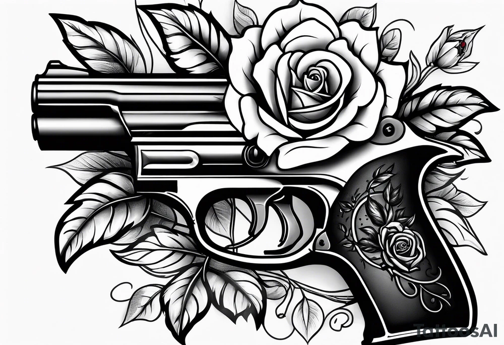 A black tattoo with a rose growing out of a gun bullet tattoo idea