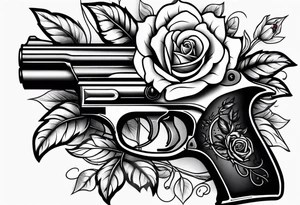 A black tattoo with a rose growing out of a gun bullet tattoo idea