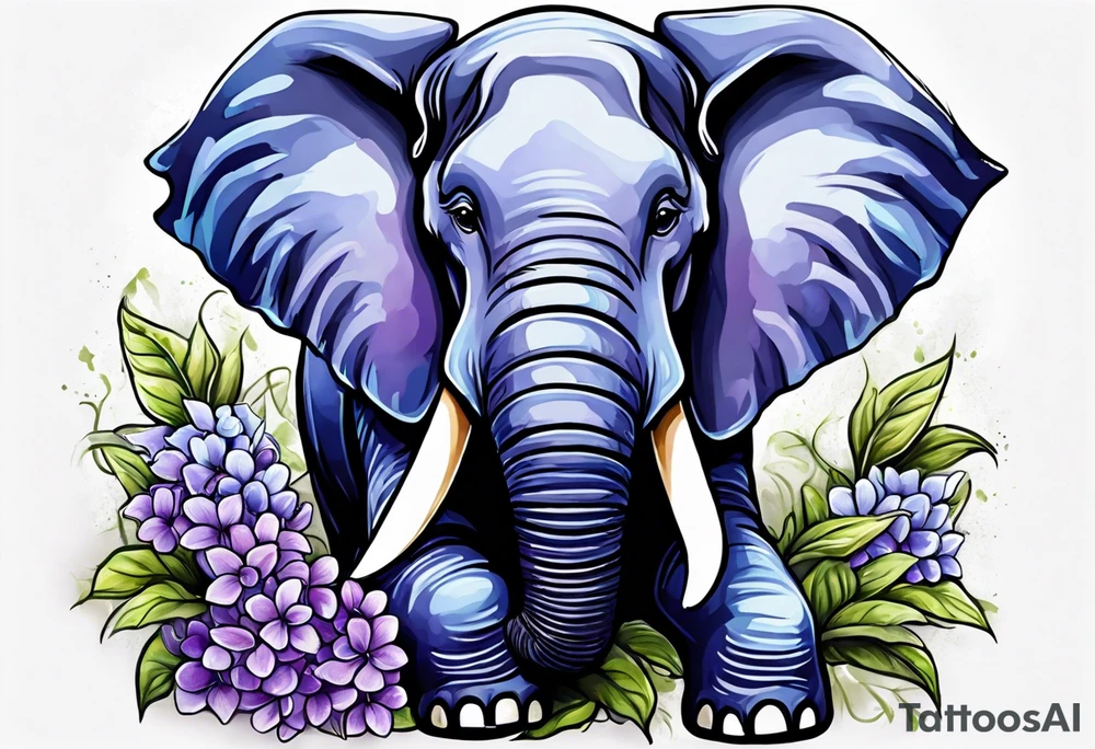 Seated elephant with raised trunk holding lilacs tattoo idea