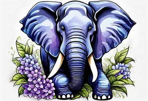 Seated elephant with raised trunk holding lilacs tattoo idea