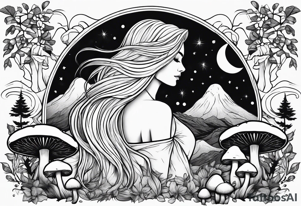 Blonde long straight hair older woman surrounded by mushrooms mountains crescent moon background tattoo idea