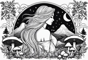 Blonde long straight hair older woman surrounded by mushrooms mountains crescent moon background tattoo idea