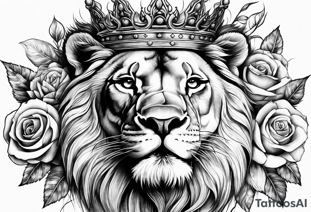 Roaring Lion with crown  with roses tattoo idea