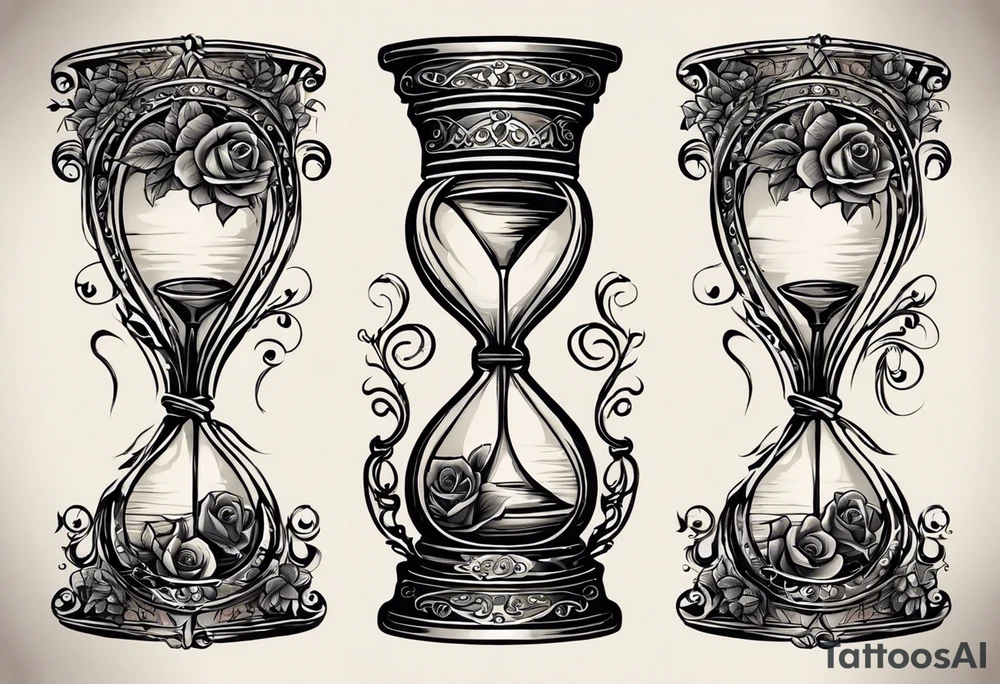I want a tattoo-inspired design for a t-shirt that features a striking hourglass with a hand clock in the center, where the clock numbers are Amazigh numerals. The hourglass should have a bold, detailed look, with sharp lines and shading. Thorny roses should wrap tightly around the hourglass, with their vines and thorns creating a sense of depth and movement. Planets and stars should be incorporated in a way that they appear to orbit or emerge from behind the hourglass, giving the design a cosmic, timeless feel. The overall aesthetic should be bold and detailed, similar to blackwork tattoo designs, with a mix of natural and celestial elements."
black and whit design tattoo idea
