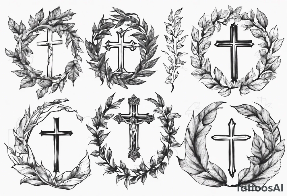 wreath leaves and the cross at the end of the leaves connecting tattoo idea