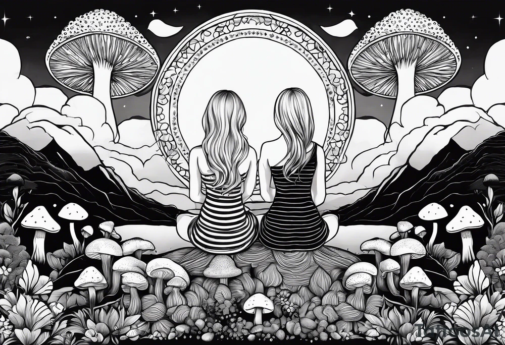 Straight blonde hair girl holding mushrooms in hand meditating facing away toward mountains surrounded by mushrooms crescent moon mandala circular design black and white striped dress tattoo idea