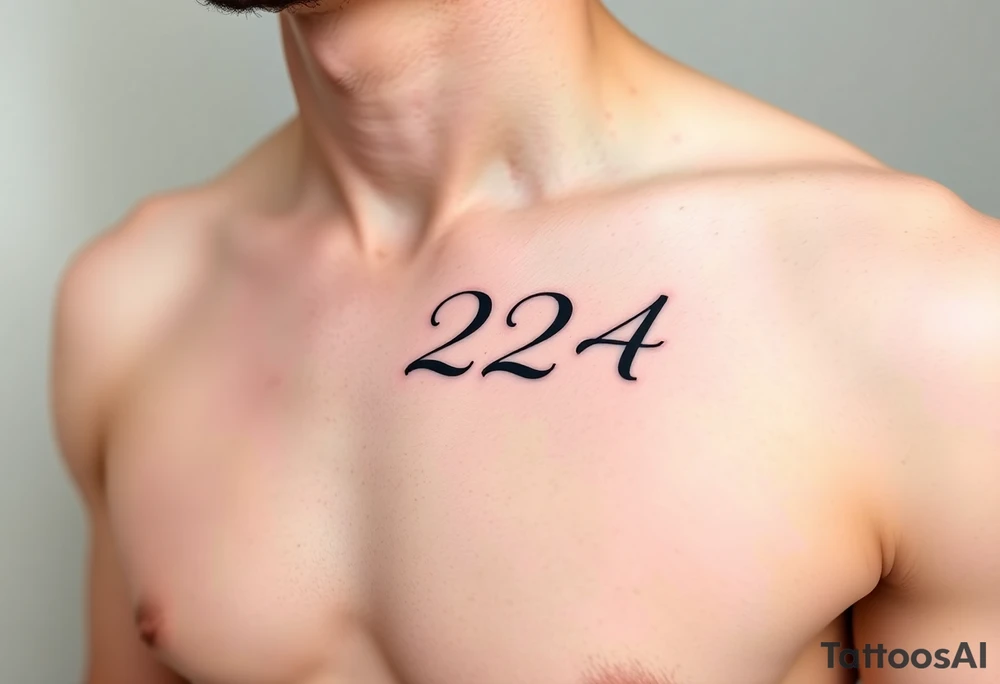 224 tattoo on ribcage under chest left side an elegant handwritten calligraphy style. The digits are slightly italicized with a smooth flowing script. The lines are clean, refined, and slightly bold at the base, giving a subtle brush-pen effect. tattoo idea