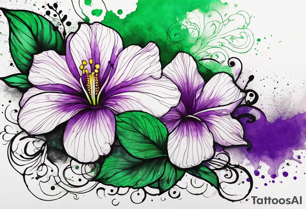 A mystical outline of a green and purple rio dipladenia flower and a green and purple watercolor splash in the background tattoo idea