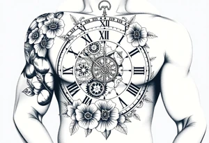 vintage roman numerals within ornate clockwork mechanism, with name spaces, flowers tattoo idea