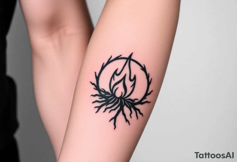 a round flame imprisoned in a roots circle tattoo idea